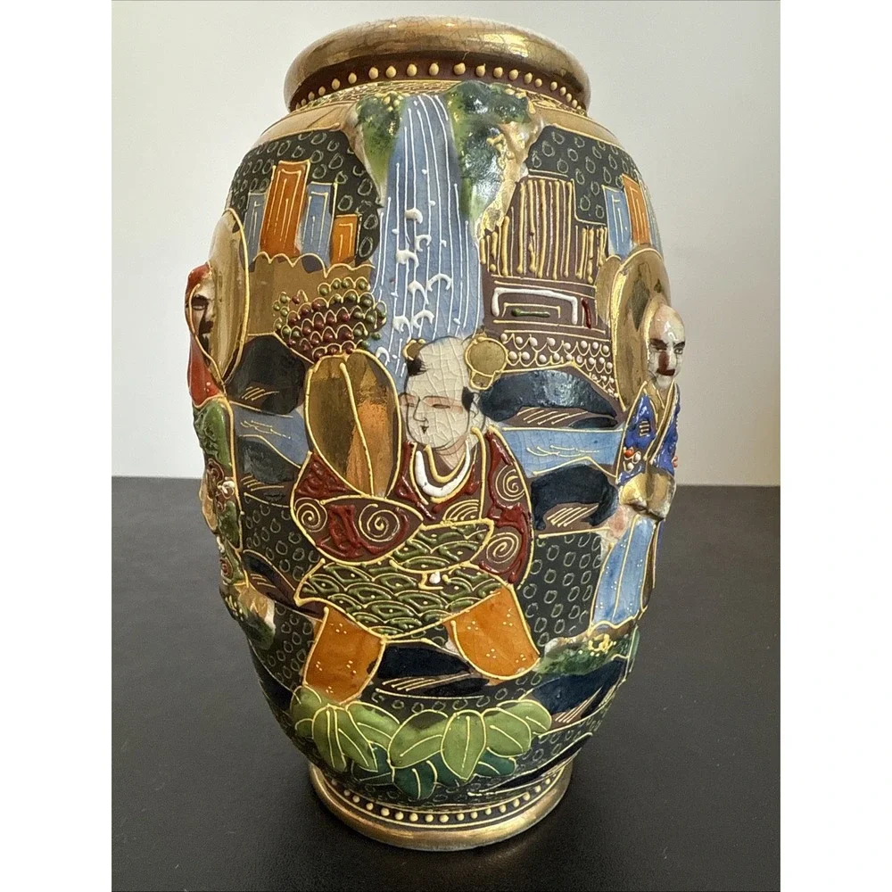 Antique Japanese Intricate Raised Enamel Moriage Satsuma Vase 6 Immortals Dragon